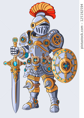 Vector illustration of a cartoon knight in armor with a sword and shield 125192594