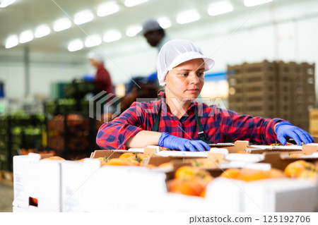 Woman in apron evaluating quality of vegetables in storage 125192706