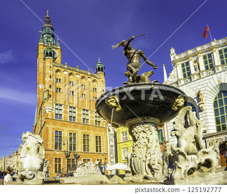 Neptune Fountain in Front of Historical Gdansk Architecture 125192777