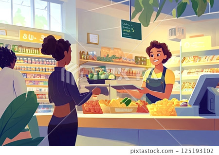 Cashier scanning groceries at checkout counter in supermarket 125193102