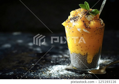 Delicious mango chia seed pudding parfait with yogurt and mint 125193116
