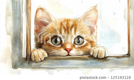 Illustration of a kitten peeking through a window 125193128