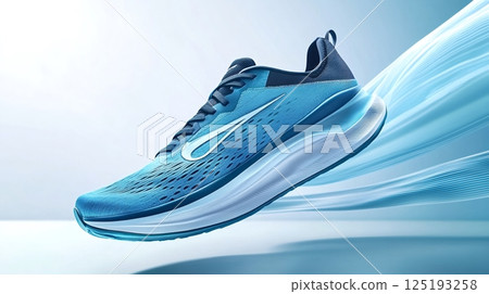 Light blue brooks running shoe levitating on a light blue wavy background 125193258