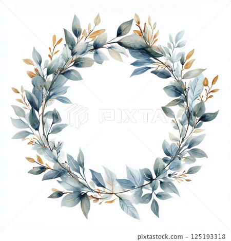 藍綠色葉子的水彩花環插圖 125193318