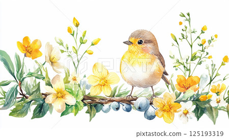 一隻小鳥和黃色花朵的彩色春天水彩畫 一隻小鳥和黃色花朵的彩色春天水彩畫 125193319