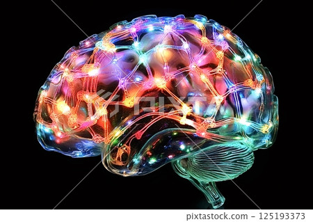 Glass brain model showing illuminated neural network on black background 125193373