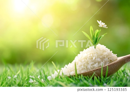 Rice plant growing on a pile of rice grains in wooden spoon on grass 125193385