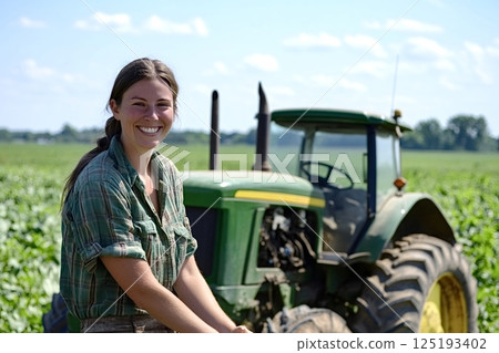 Farmer smiling near tractor in soybean field on sunny day 125193402