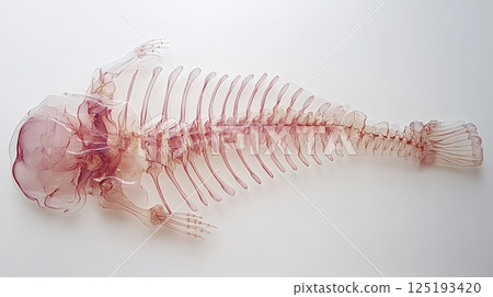 Transparent fish skeleton showing bones and fins on white background 125193420