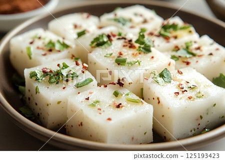 Delicious dhokla cubes garnished with fresh herbs and spices 125193423