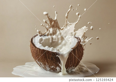 Coconut milk splashing from a cracked coconut on neutral background 125193424