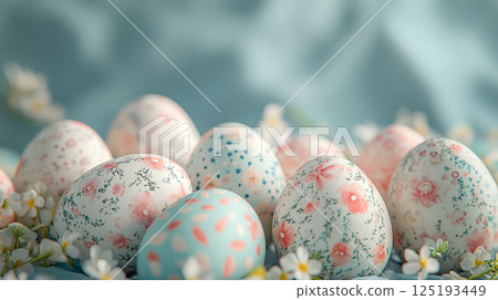 An elegant and romantic background featuring Easter eggs printed with pale blue and pink floral patterns An elegant and romantic background featuring Easter eggs printed with pale blue and pink floral patterns 125193449