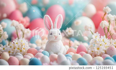 A cute pastel color background material with a fluffy white rabbit stuffed animal wrapped in spring colors A cute pastel color background material with a fluffy white rabbit stuffed animal wrapped in spring colors 125193451
