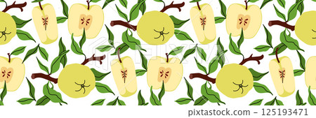 Bright seamless pattern with whole and cut green apples, leaves and branches. Spring garden background. Perfect for textile, menu, packaging, kitchen design. Flat vector illustration. 125193471