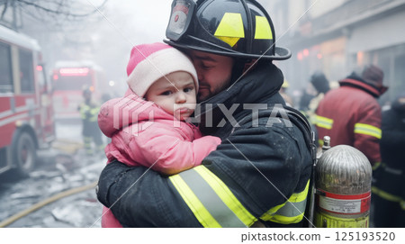 Firefighter holding a young child with compassion 125193520