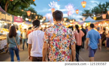 Songkran night market with people and festive lanterns, colorful and vibrant atmosphere Songkran night market with people and festive lanterns, colorful and vibrant atmosphere 125193567