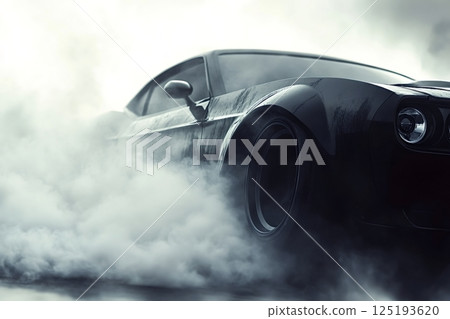 Black sports car burning rubber creating smoke on asphalt 125193620