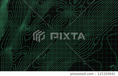 Intricate green map contour lines and grid overlay, 3d render 125193642