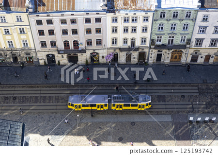 View from above on the main square of Lviv. Tram goes through the old city View from above on the main square of Lviv. Tram goes through the old city 125193742