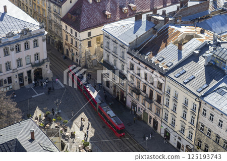 View from above on the main square of Lviv. Tram goes through the old city 125193743
