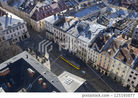 View from above on the main square of Lviv. Tram goes through the old city View from above on the main square of Lviv. Tram goes through the old city 125193877