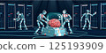 Robots collaborating on advanced data processing within a futuristic data center in a sci-fi scenario Robots collaborating on advanced data processing within a futuristic data center in a sci-fi scenario 125193909