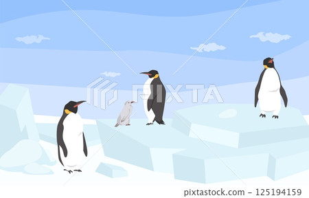 Four penguins stand on ice floes in a snowy landscape. The sun shines brightly, casting shadows. One smaller penguin is nestled among the larger ones, creating a charming family scene Four penguins stand on ice floes in a snowy landscape. The sun shines brightly, casting shadows. One smaller penguin is nestled among the larger ones, creating a charming family scene 125194159