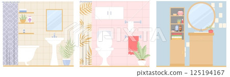Bright and inviting bathroom designs showcase various layouts, including a sink area, toilet space, and a stylish vanity with plants and decor for a fresh atmosphere 125194167