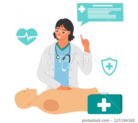 A medical professional demonstrates crucial artificial respiration techniques, emphasizing their importance in emergency care, while a patient mannequin is positioned for practice A medical professional demonstrates crucial artificial respiration techniques, emphasizing their importance in emergency care, while a patient mannequin is positioned for practice 125194168