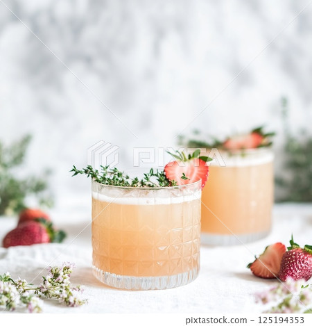 Refreshing strawberry cocktails garnished with herbs on elegant white background. 125194353