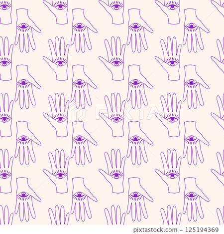 Silhouettes Magic symbols seamless pattern, with magical elements such as snake, eye, tarot cards, hand, skull. Witchcraft theme symbols and elements 125194369