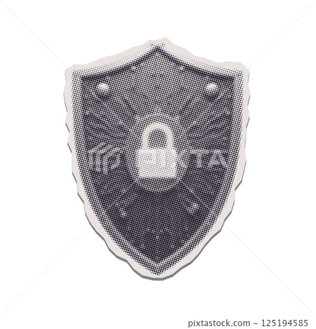 Shield with digital lock - torn out isolated paper sticker. Concept of cybersecurity and personal data protection. Trendy pop art collage search concept. Modern retro textured vector illustration 125194585