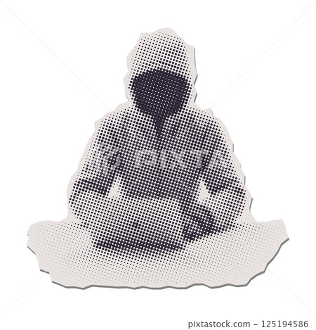 Hacker Hooded Man with dark on face Stealing Data from Computer. Torn out isolated paper sticker. Cyber Attack. Pop Art retro vector illustration. Single element 125194586