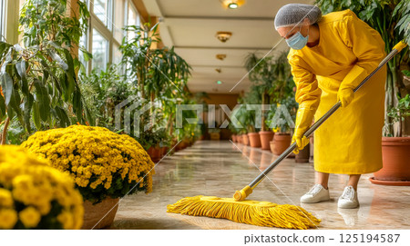 Cleaner in yellow protective uniform mopping a shiny corridor filled with potted plants and vibrant yellow flowers, wearing a mask and hair net 125194587