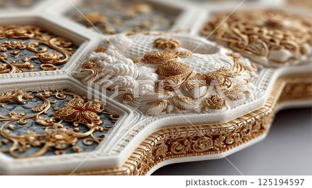Luxurious 3D tile with white and gold embroidered floral patterns, intricate baroque design Luxurious 3D tile with white and gold embroidered floral patterns, intricate baroque design 125194597