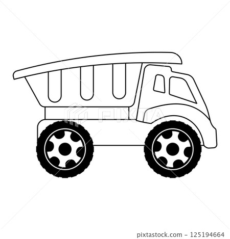 Dump Truck Vector Outline Illustration. Dump Truck depicted from a side view, the truck features large, detailed wheels with patterned hubs, a spacious cargo bed and a stylized driver cabin. 125194664