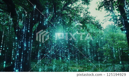 A forest with a bright blue sky and a glowing tree 125194929
