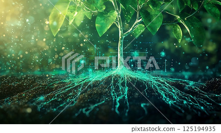 A tree with roots is shown in a green and blue background A tree with roots is shown in a green and blue background 125194935