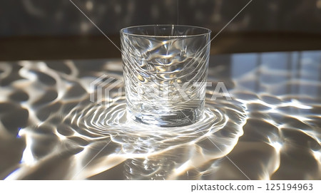 A glass of water is sitting on a table, with the water reflecting the light A glass of water is sitting on a table, with the water reflecting the light 125194963