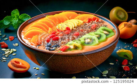A vibrant smoothie bowl topped with colorful fruit slices and crunchy seeds. 125195024