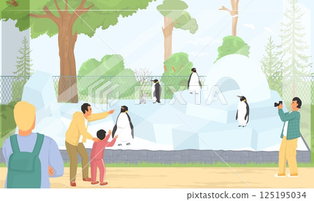 Visitors gather around an icy habitat to witness penguins waddling and swimming. A child eagerly points at the animals while adults take pictures, creating joyful memories 125195034