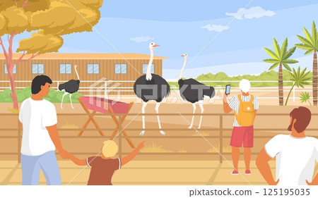 Families visit a farm to see live ostriches, engage with each other, and enjoy the cheerful atmosphere of the outdoors on a warm sunny day amidst colorful trees Families visit a farm to see live ostriches, engage with each other, and enjoy the cheerful atmosphere of the outdoors on a warm sunny day amidst colorful trees 125195035