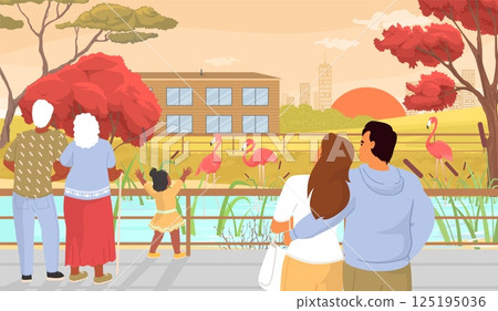 Families enjoy a picturesque sunset at a nature park while observing flamingos near the water. The scene captures moments of connection and wonder in a colorful landscape 125195036