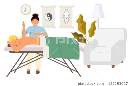 A wellness practitioner performs acupuncture on a patient lying on a treatment table in a calming studio. The environment features soothing decor and plants for relaxation A wellness practitioner performs acupuncture on a patient lying on a treatment table in a calming studio. The environment features soothing decor and plants for relaxation 125195037