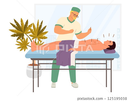 A practitioner performs acupuncture on a patient, who is lying on a treatment table in a calm clinic. Plants decorate the background, enhancing the tranquil atmosphere A practitioner performs acupuncture on a patient, who is lying on a treatment table in a calm clinic. Plants decorate the background, enhancing the tranquil atmosphere 125195038