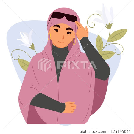A woman dressed in a pink hijab and sunglasses poses gracefully, showcasing her style and confidence. Floral elements accentuate her captivating presence and vibrant look A woman dressed in a pink hijab and sunglasses poses gracefully, showcasing her style and confidence. Floral elements accentuate her captivating presence and vibrant look 125195045