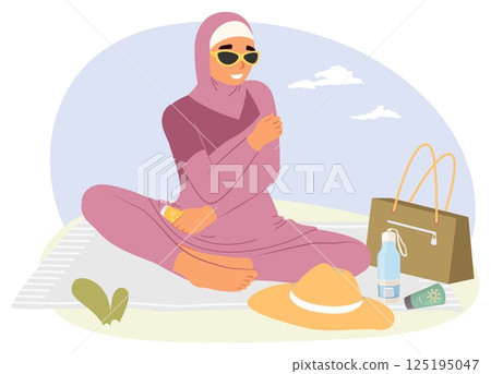 A woman dressed in a stylish outfit sits comfortably on a blanket outdoors, wearing sunglasses A woman dressed in a stylish outfit sits comfortably on a blanket outdoors, wearing sunglasses 125195047