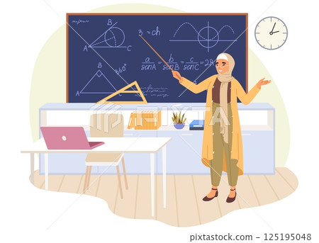 An instructor explains geometry topics such as angles and trigonometric functions in a well-equipped classroom An instructor explains geometry topics such as angles and trigonometric functions in a well-equipped classroom 125195048