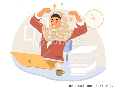 A joyful woman wearing a hijab raises her arms in excitement at her desk. A laptop and stacks of papers are present, along with a coffee cup in a bright office environment A joyful woman wearing a hijab raises her arms in excitement at her desk. A laptop and stacks of papers are present, along with a coffee cup in a bright office environment 125195049