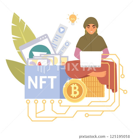 A person sits cross-legged in a cozy setting, using a laptop while surrounded by digital art tools and cryptocurrency symbols, illustrating the rise of NFTs and blockchain technology 125195058